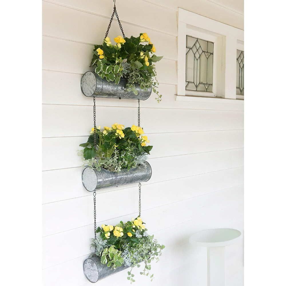 36 Inch 3 Tier Hanging Planter, Galvanized Metal With Chrome Chain, Silver Finish - UPT-271317