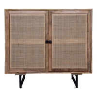 35 Inch Handcrafted Accent Cabinet with 2 Mesh Rattan Doors, Black Iron Legs, Natural Brown Mango Wood Frame - UPT-272530