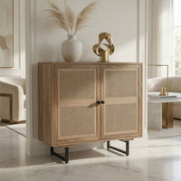 35 Inch Handcrafted Accent Cabinet with 2 Mesh Rattan Doors, Black Iron Legs, Natural Brown Mango Wood Frame - UPT-272530
