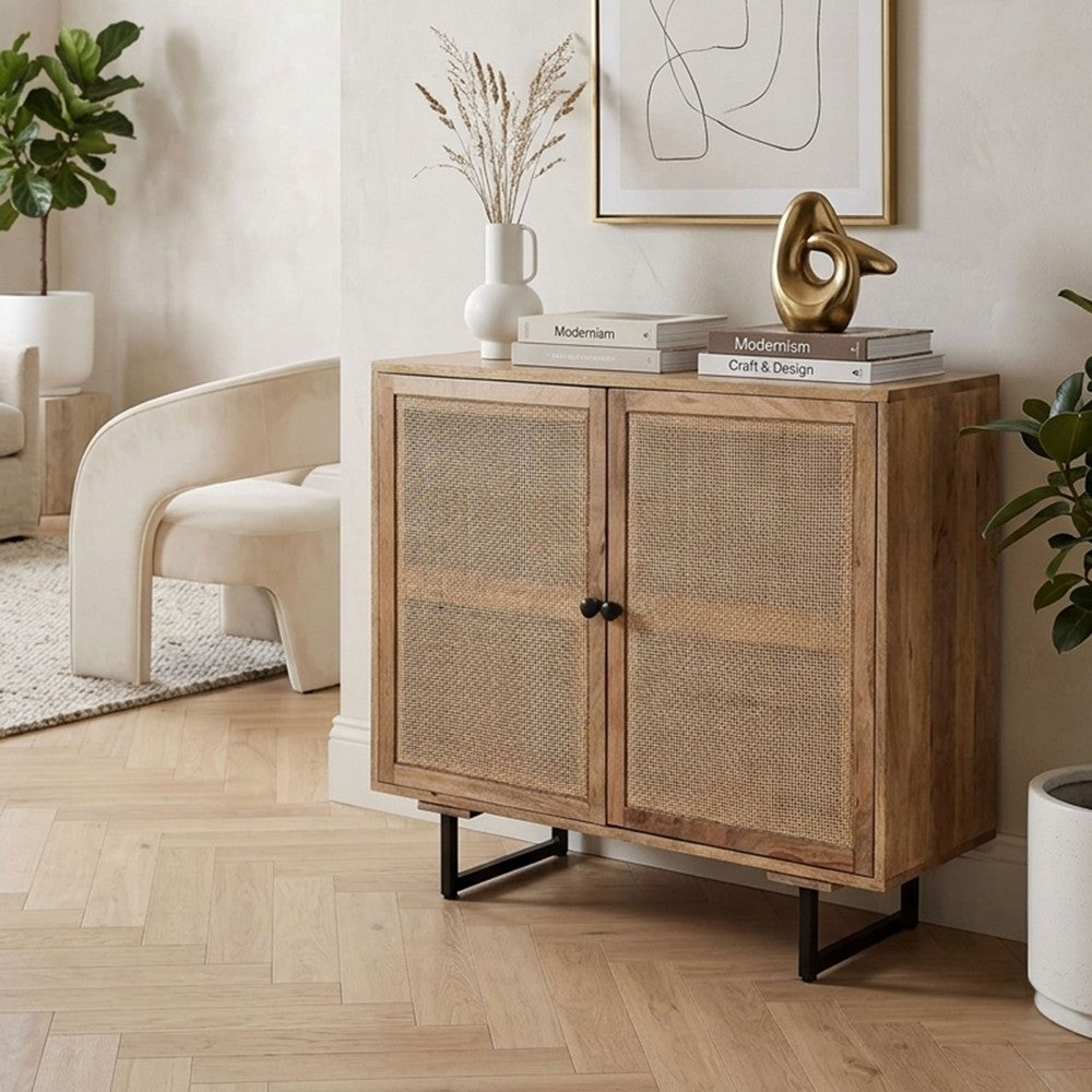 35 Inch Handcrafted Accent Cabinet with 2 Mesh Rattan Doors, Black Iron Legs, Natural Brown Mango Wood Frame - UPT-272530
