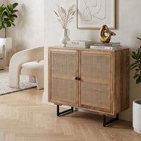 35 Inch Handcrafted Accent Cabinet with 2 Mesh Rattan Doors, Black Iron Legs, Natural Brown Mango Wood Frame - UPT-272530