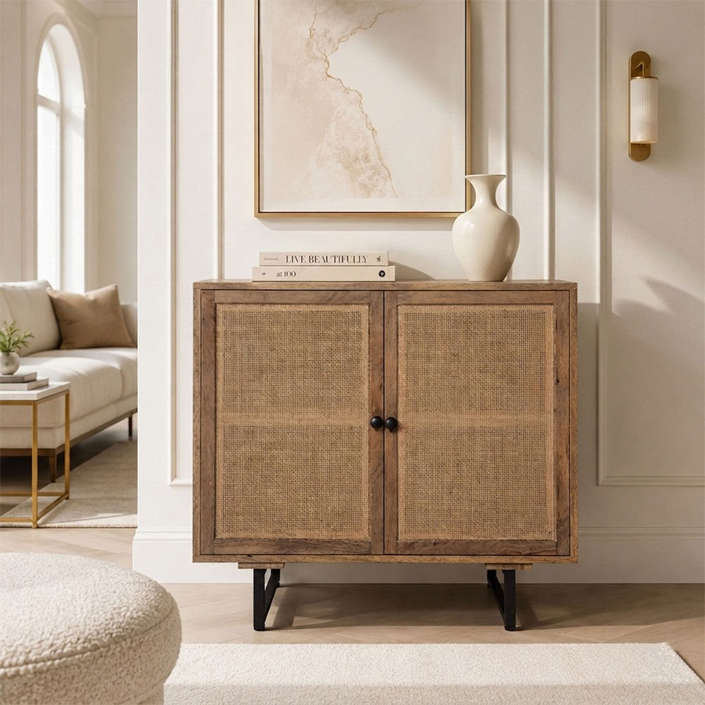 35 Inch Handcrafted Accent Cabinet with 2 Mesh Rattan Doors, Black Iron Legs, Natural Brown Mango Wood Frame - UPT-272530