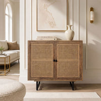 35 Inch Handcrafted Accent Cabinet with 2 Mesh Rattan Doors, Black Iron Legs, Natural Brown Mango Wood Frame - UPT-272530