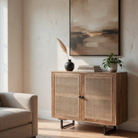 35 Inch Handcrafted Accent Cabinet with 2 Mesh Rattan Doors, Black Iron Legs, Natural Brown Mango Wood Frame - UPT-272530