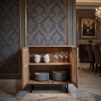 35 Inch Handcrafted Accent Cabinet with 2 Mesh Rattan Doors, Black Iron Legs, Natural Brown Mango Wood Frame - UPT-272530