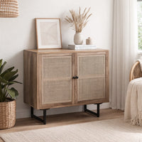 35 Inch Handcrafted Accent Cabinet with 2 Mesh Rattan Doors, Black Iron Legs, Natural Brown Mango Wood Frame - UPT-272530