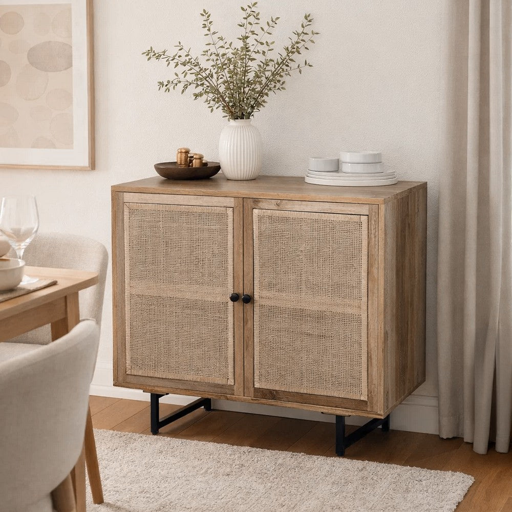 35 Inch Handcrafted Accent Cabinet with 2 Mesh Rattan Doors, Black Iron Legs, Natural Brown Mango Wood Frame - UPT-272530