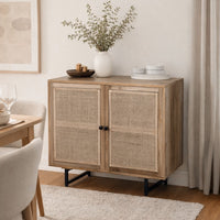 35 Inch Handcrafted Accent Cabinet with 2 Mesh Rattan Doors, Black Iron Legs, Natural Brown Mango Wood Frame - UPT-272530