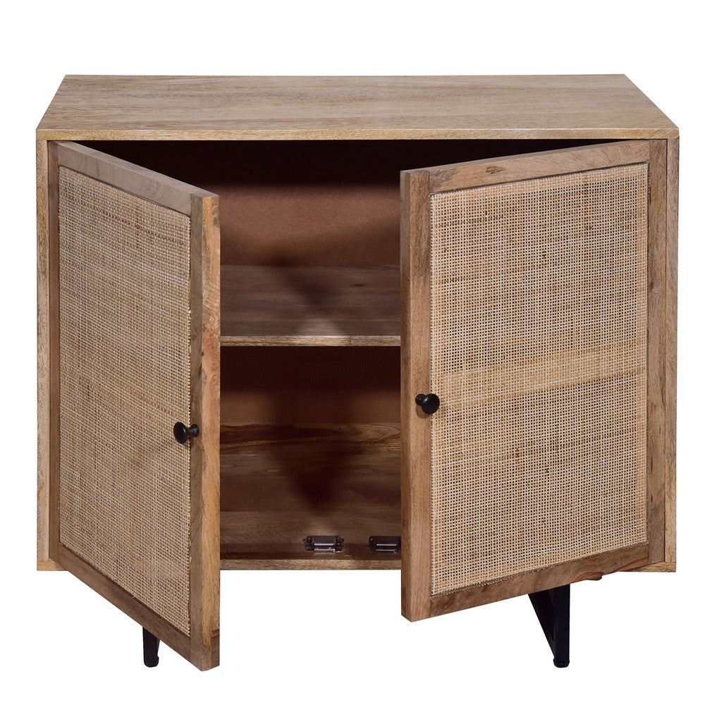 35 Inch Handcrafted Accent Cabinet with 2 Mesh Rattan Doors, Black Iron Legs, Natural Brown Mango Wood Frame - UPT-272530