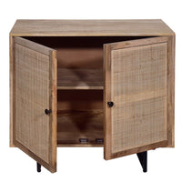 35 Inch Handcrafted Accent Cabinet with 2 Mesh Rattan Doors, Black Iron Legs, Natural Brown Mango Wood Frame - UPT-272530