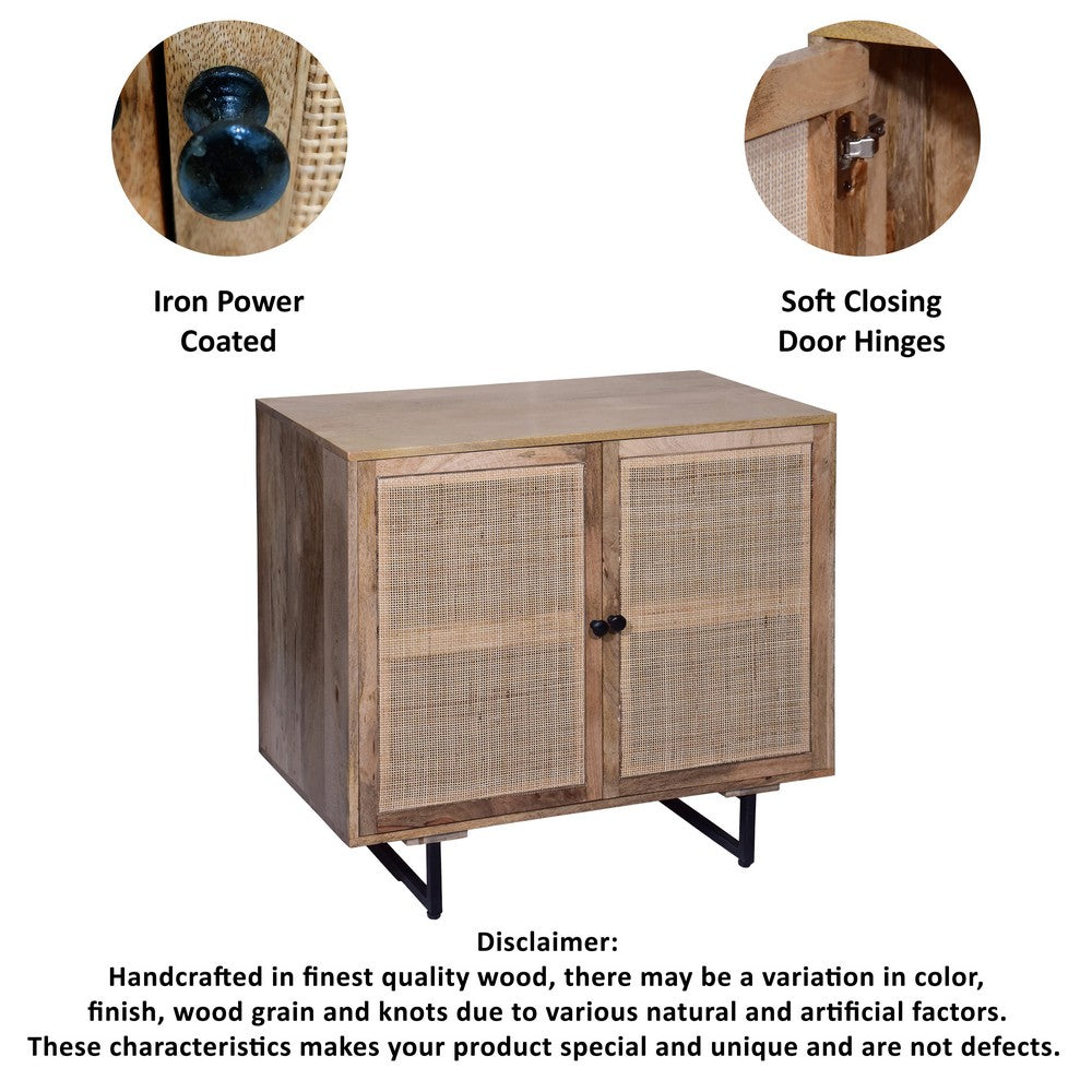 35 Inch Handcrafted Accent Cabinet with 2 Mesh Rattan Doors, Black Iron Legs, Natural Brown Mango Wood Frame - UPT-272530