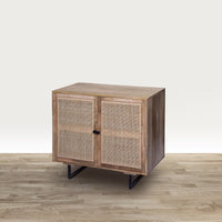 35 Inch Handcrafted Accent Cabinet with 2 Mesh Rattan Doors, Black Iron Legs, Natural Brown Mango Wood Frame - UPT-272530
