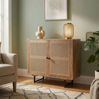 35 Inch Handcrafted Accent Cabinet with 2 Mesh Rattan Doors, Black Iron Legs, Natural Brown Mango Wood Frame - UPT-272530