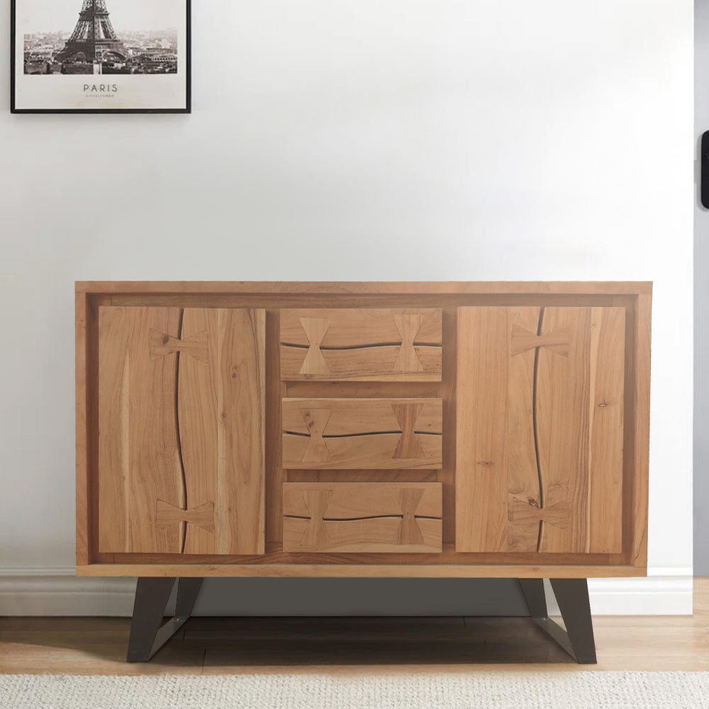 40 Inch Sideboard Buffet Console with 2 Cabinets Brown Acacia Wood 3 Drawers Black Iron Base UPT 272531