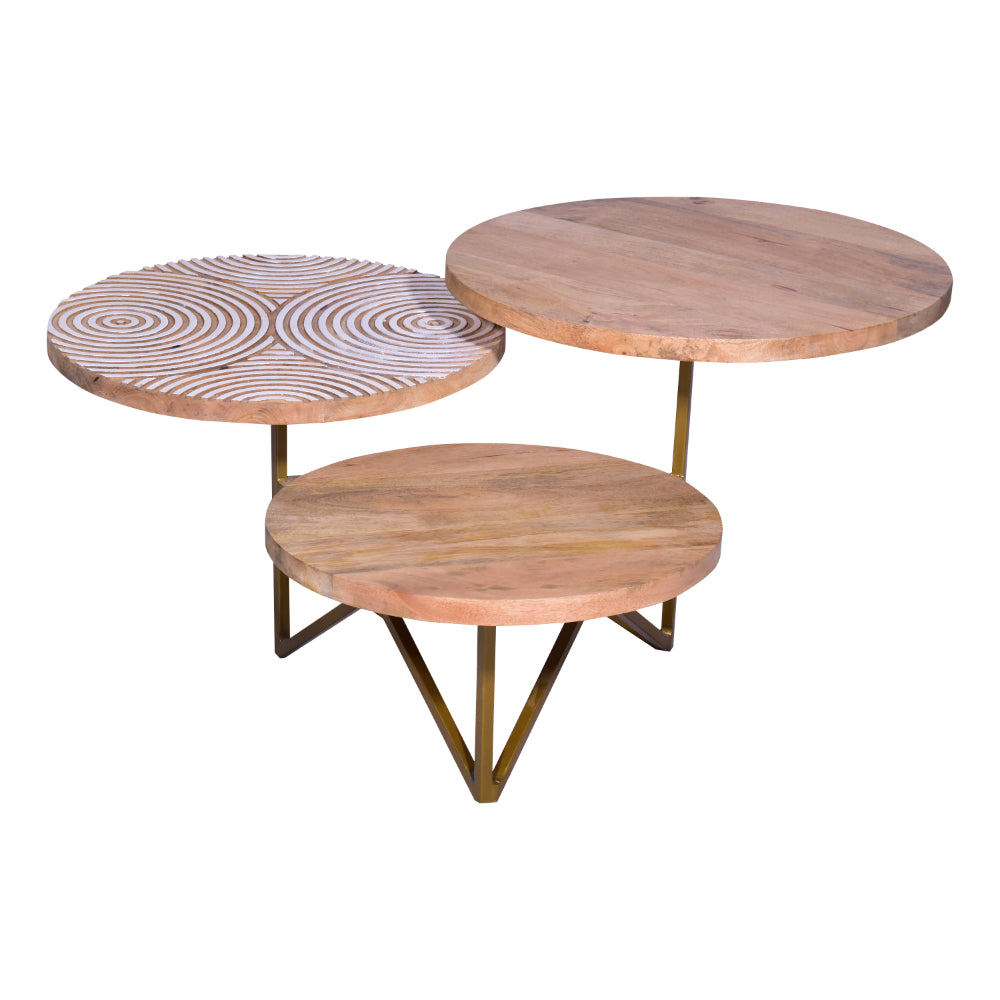 Ally 33 Inch Modern Round Coffee Table, 3 Tier Design, Washed and Carved, Natural Mango Wood, Gold Frame - UPT-272537