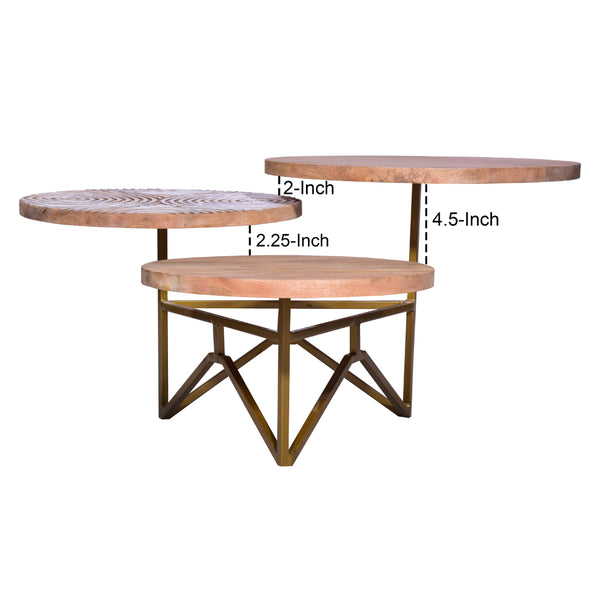Ally 33 Inch Modern Round Coffee Table, 3 Tier Design, Washed and Carved, Natural Mango Wood, Gold Frame - UPT-272537