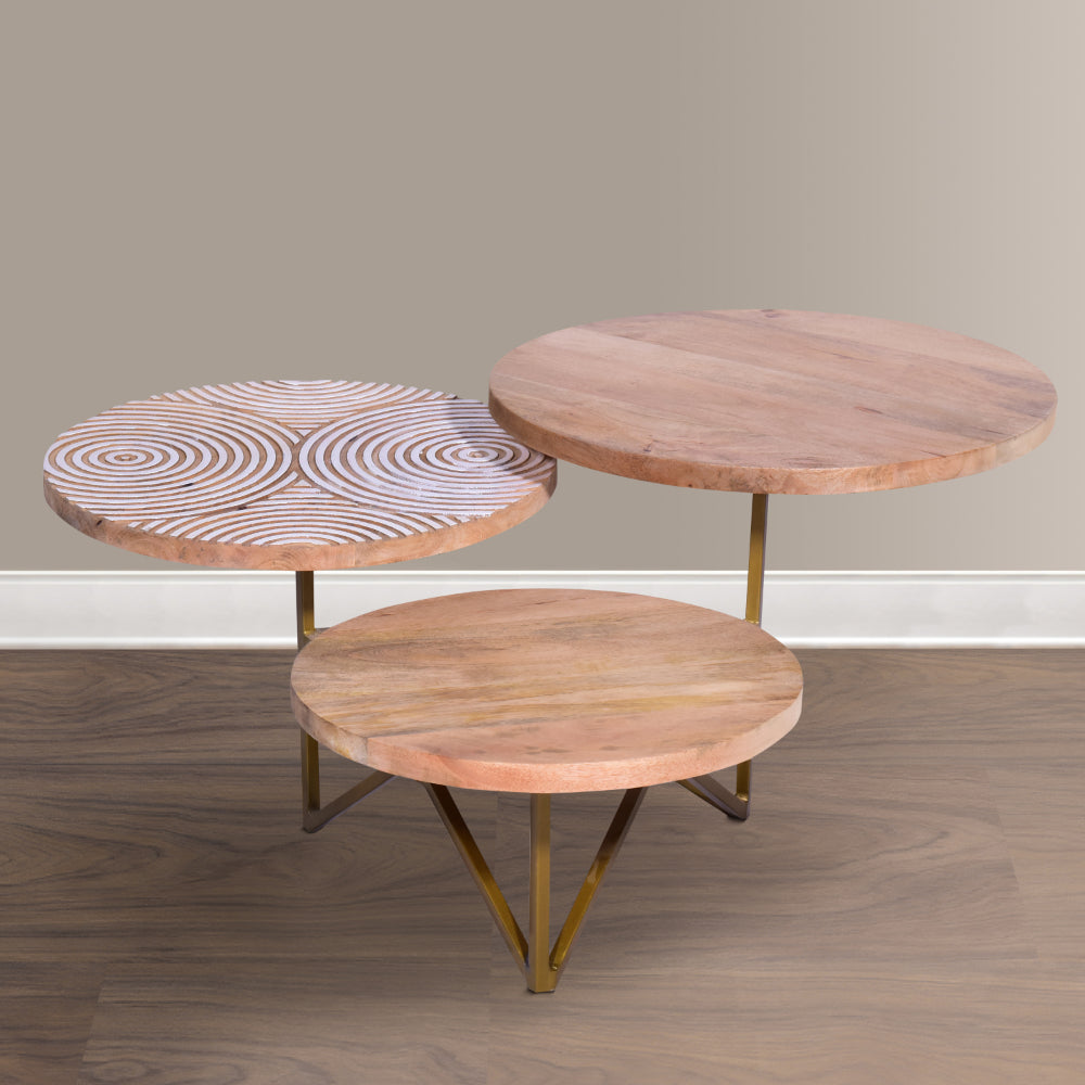 Ally 33 Inch Modern Round Coffee Table, 3 Tier Design, Washed and Carved, Natural Mango Wood, Gold Frame - UPT-272537