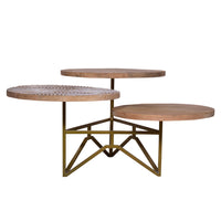 Ally 33 Inch Modern Round Coffee Table, 3 Tier Design, Washed and Carved, Natural Mango Wood, Gold Frame - UPT-272537