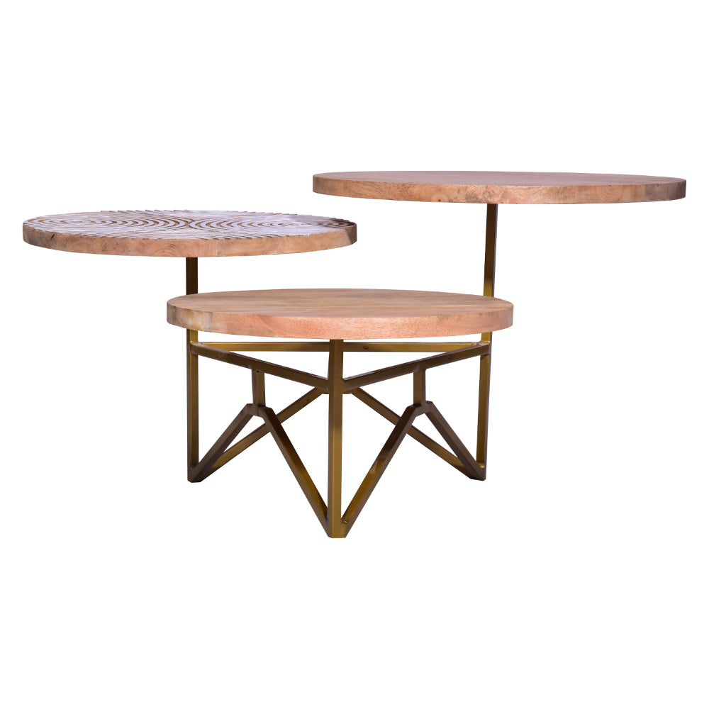 Ally 33 Inch Modern Round Coffee Table, 3 Tier Design, Washed and Carved, Natural Mango Wood, Gold Frame - UPT-272537