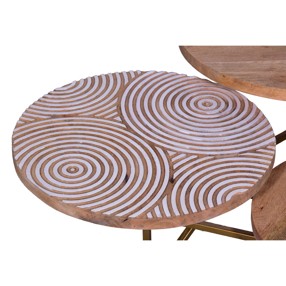 Ally 33 Inch Modern Round Coffee Table, 3 Tier Design, Washed and Carved, Natural Mango Wood, Gold Frame - UPT-272537