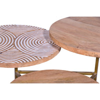 Ally 33 Inch Modern Round Coffee Table, 3 Tier Design, Washed and Carved, Natural Mango Wood, Gold Frame - UPT-272537