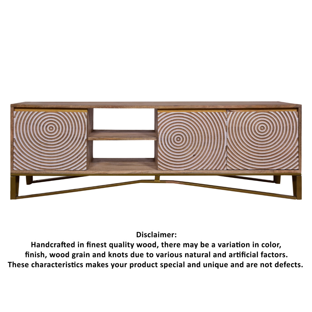 Ally 57 Inch TV Media Entertainment Cabinet Console, Mango Wood With Metal Base, Natural Brown, Gold - UPT-272538