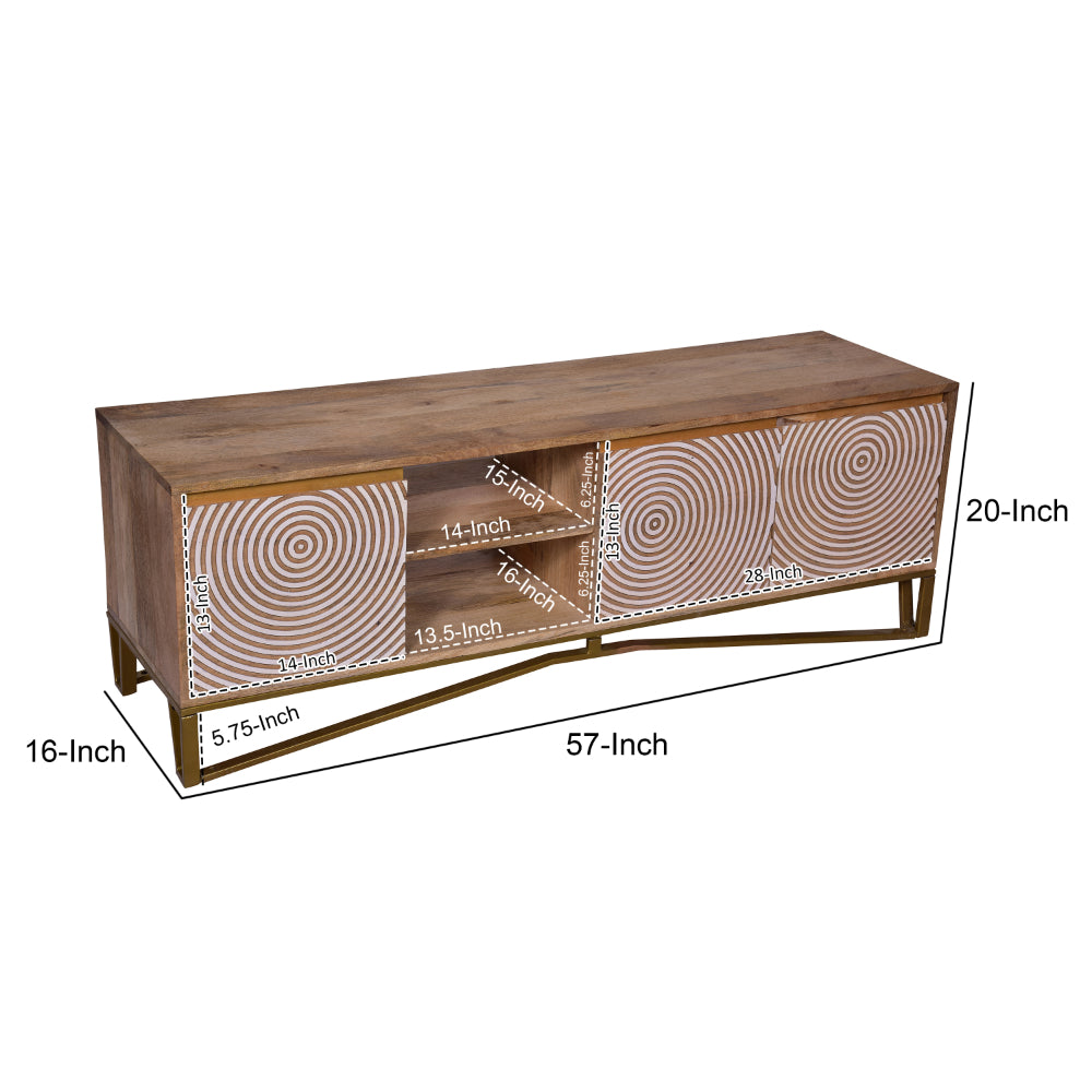 Ally 57 Inch TV Media Entertainment Cabinet Console, Mango Wood With Metal Base, Natural Brown, Gold - UPT-272538