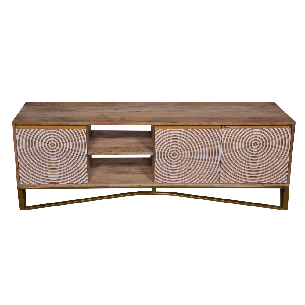 Ally 57 Inch TV Media Entertainment Cabinet Console, Mango Wood With Metal Base, Natural Brown, Gold - UPT-272538