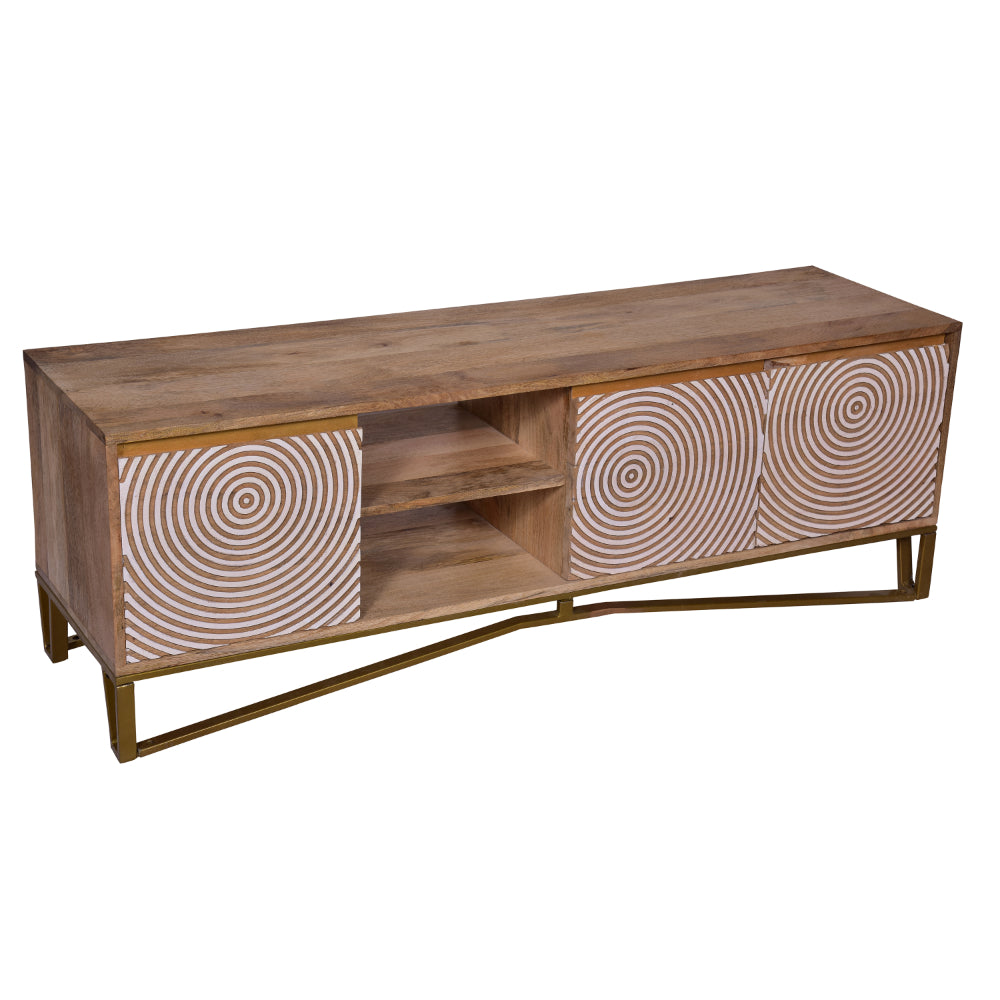 Ally 57 Inch TV Media Entertainment Cabinet Console, Mango Wood With Metal Base, Natural Brown, Gold - UPT-272538
