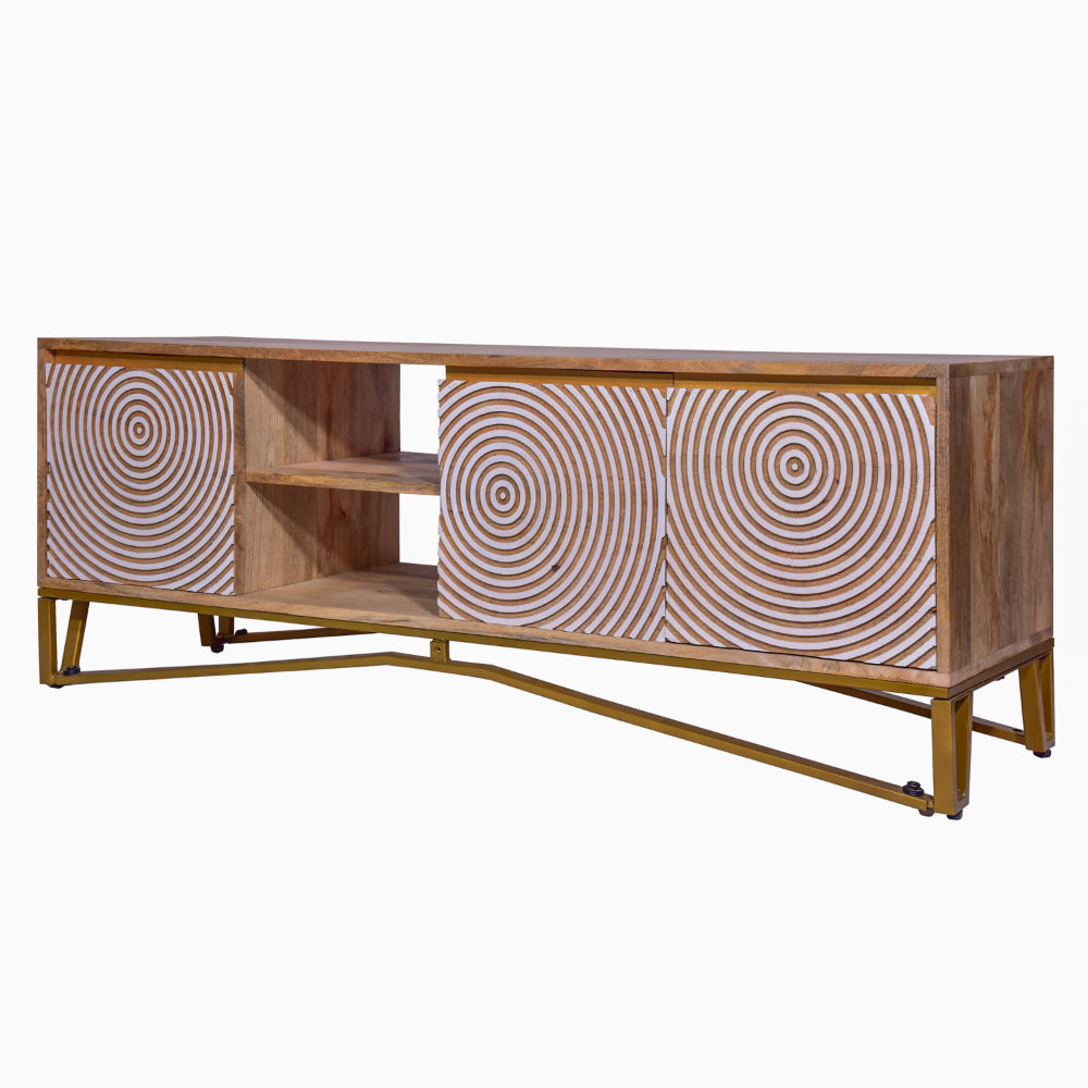 Ally 57 Inch TV Media Entertainment Cabinet Console, Mango Wood With Metal Base, Natural Brown, Gold - UPT-272538