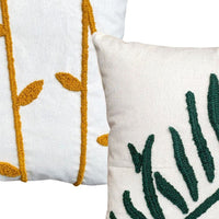 17 x 17 Inch Square Cotton Accent Throw Pillows, Leaf Embroidery, Set of 2, White, Green, Yellow By The Urban Port