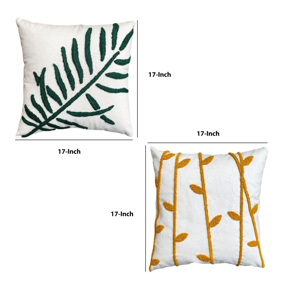 17 x 17 Inch Square Cotton Accent Throw Pillows, Leaf Embroidery, Set of 2, White, Green, Yellow By The Urban Port