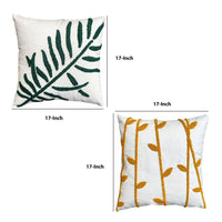 17 x 17 Inch Square Cotton Accent Throw Pillows, Leaf Embroidery, Set of 2, White, Green, Yellow By The Urban Port