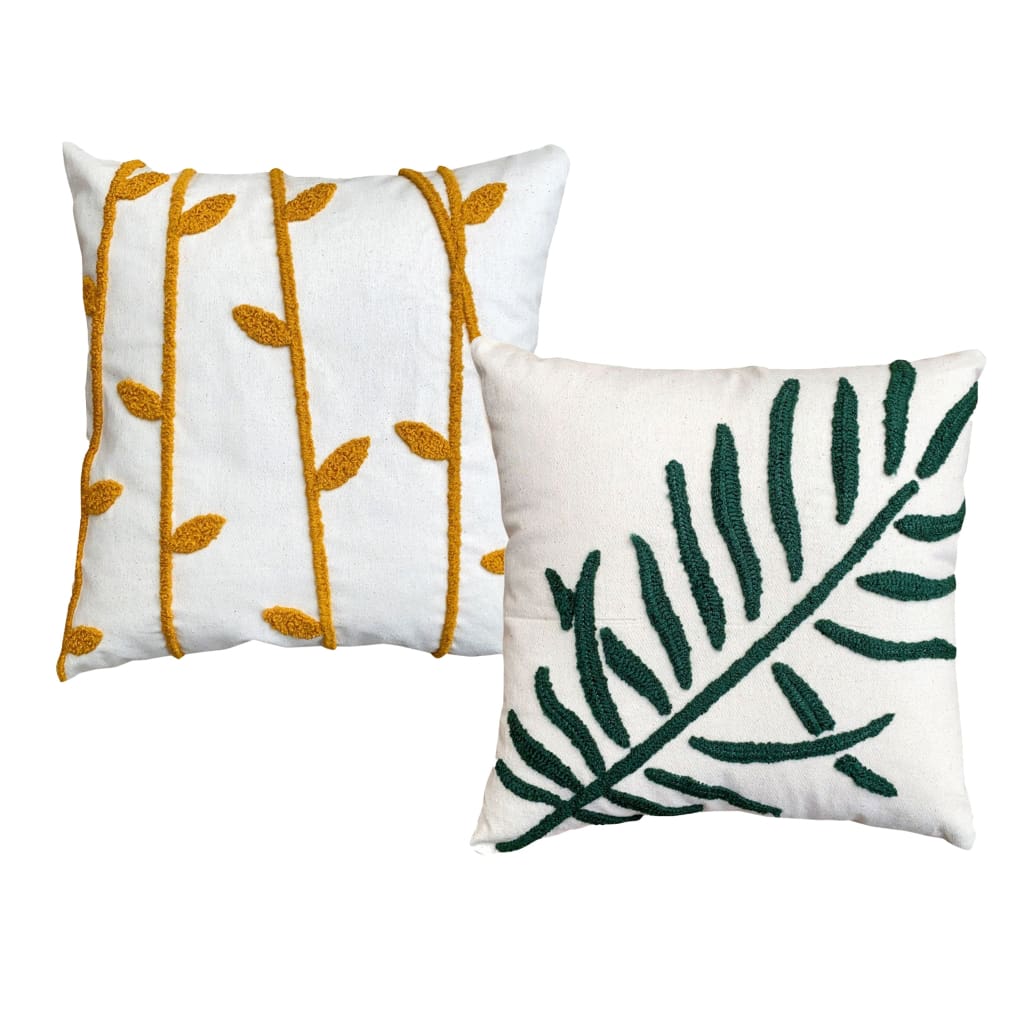 17 x 17 Inch Square Cotton Accent Throw Pillows, Leaf Embroidery, Set of 2, White, Green, Yellow By The Urban Port