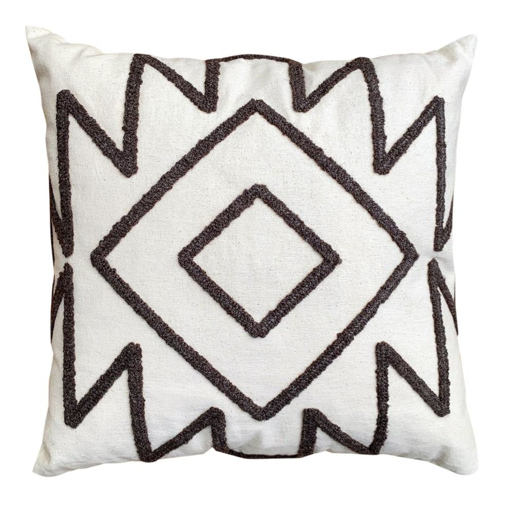 Geometric Aztec Embroidery 17 × 17 Inch Set of 2, Square Cotton Accent Throw Pillows,  White, Gray Through the Urban Port