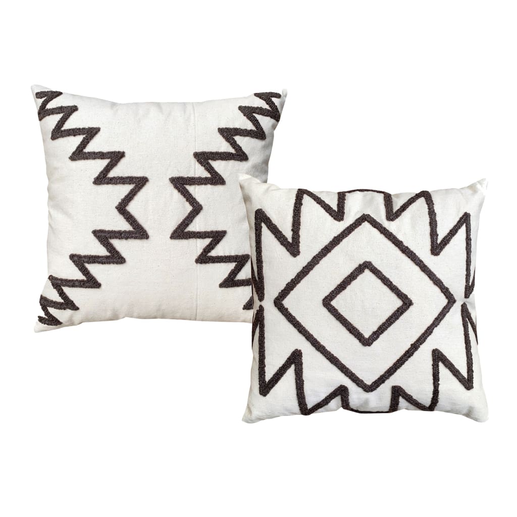 Geometric Aztec Embroidery 17 × 17 Inch Set of 2, Square Cotton Accent Throw Pillows,  White, Gray Through the Urban Port