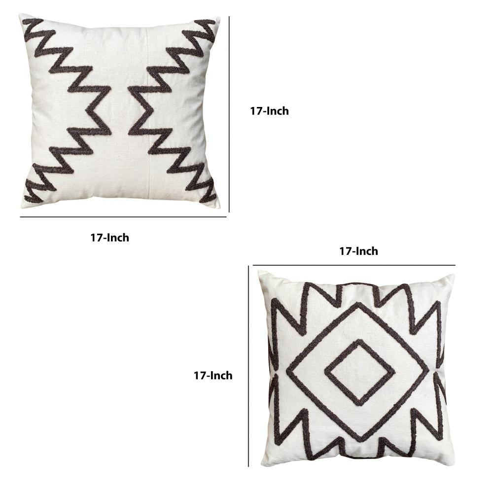 Geometric Aztec Embroidery 17 × 17 Inch Set of 2, Square Cotton Accent Throw Pillows,  White, Gray Through the Urban Port