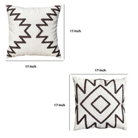 Geometric Aztec Embroidery 17 × 17 Inch Set of 2, Square Cotton Accent Throw Pillows,  White, Gray Through the Urban Port