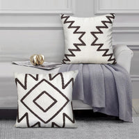 Geometric Aztec Embroidery 17 × 17 Inch Set of 2, Square Cotton Accent Throw Pillows,  White, Gray Through the Urban Port