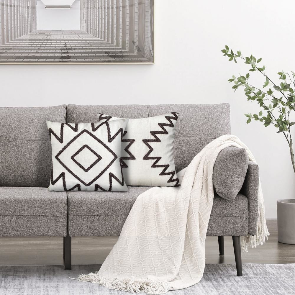 Geometric Aztec Embroidery 17 × 17 Inch Set of 2, Square Cotton Accent Throw Pillows,  White, Gray Through the Urban Port