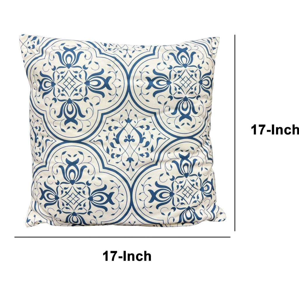 17 x 17 Inch Decorative Square Cotton Accent Throw Pillows, Classic Damask Print, Set of 2, Blue and White By The Urban Port