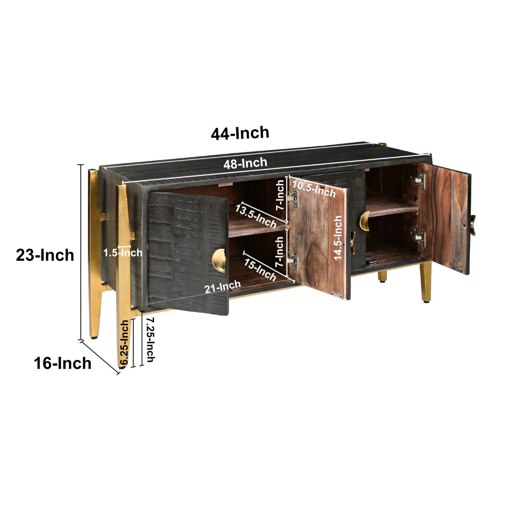 Tali 48 Inch Accent Sideboard Buffet Cabinet, 2 Doors with Gold Round Handles, Saw Marked, Charcoal Gray Acacia Wood - UPT-272889