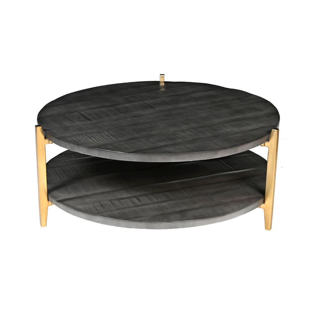 Tali 37 Inch Handcrafted Round Coffee Table, 2 Tier, Charcoal Gray Acacia Wood, Sleek Gold Metal Legs - UPT-272890