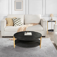 Tali 37 Inch Handcrafted Round Coffee Table, 2 Tier, Charcoal Gray Acacia Wood, Sleek Gold Metal Legs - UPT-272890