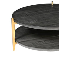 Tali 37 Inch Handcrafted Round Coffee Table, 2 Tier, Charcoal Gray Acacia Wood, Sleek Gold Metal Legs - UPT-272890