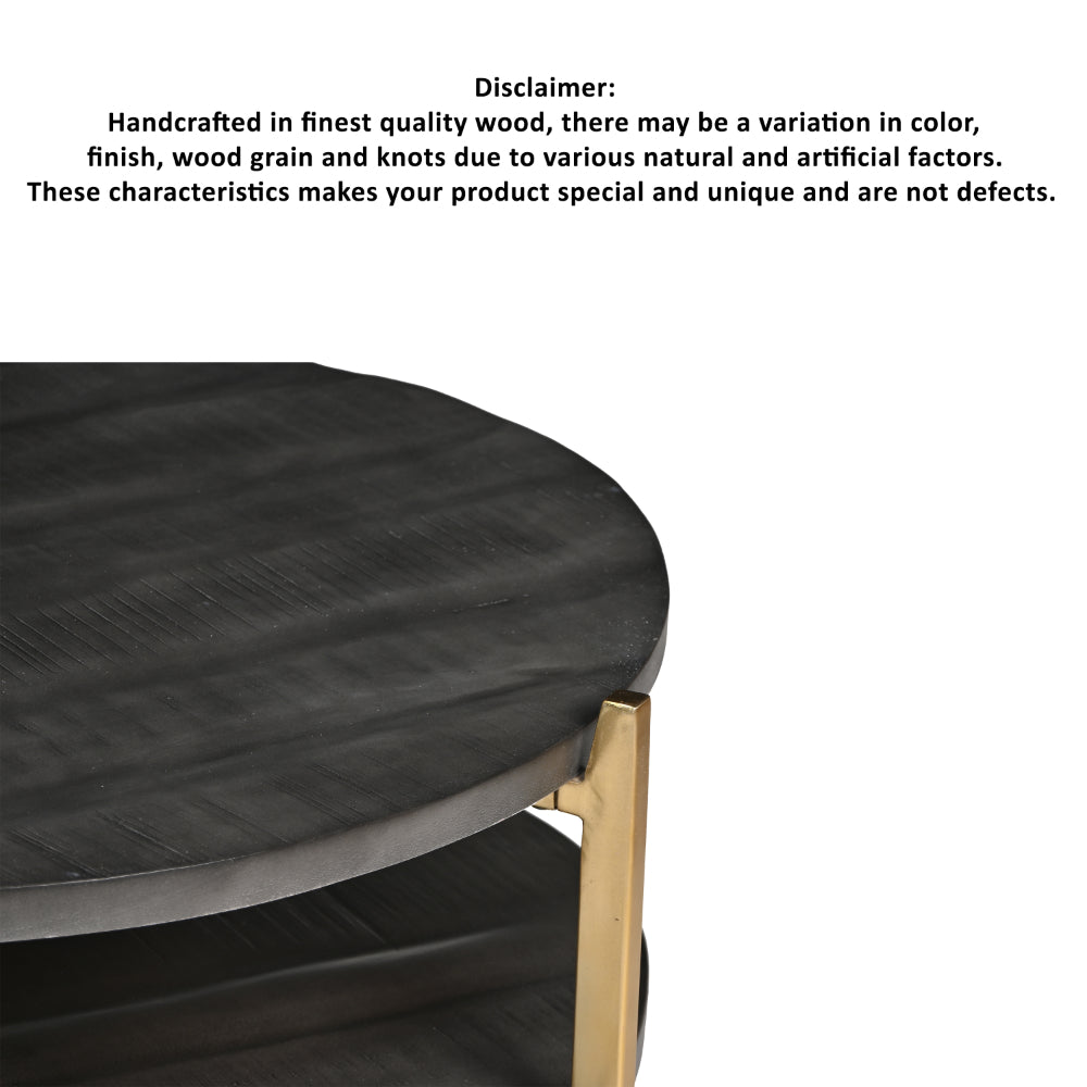 Tali 37 Inch Handcrafted Round Coffee Table, 2 Tier, Charcoal Gray Acacia Wood, Sleek Gold Metal Legs - UPT-272890