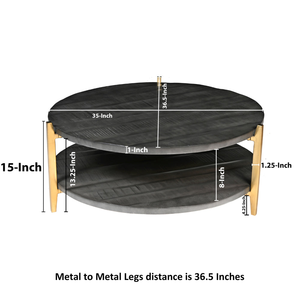 Tali 37 Inch Handcrafted Round Coffee Table, 2 Tier, Charcoal Gray Acacia Wood, Sleek Gold Metal Legs - UPT-272890