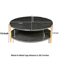 Tali 37 Inch Handcrafted Round Coffee Table, 2 Tier, Charcoal Gray Acacia Wood, Sleek Gold Metal Legs - UPT-272890