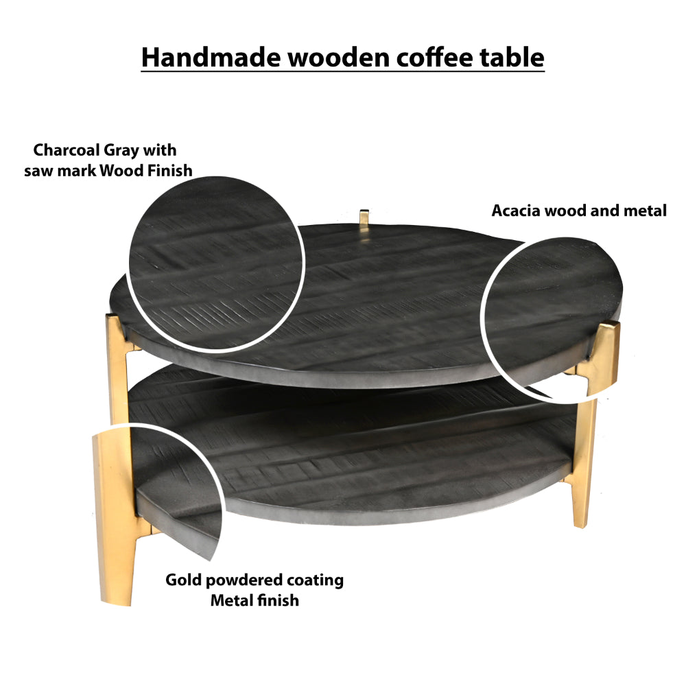 Tali 37 Inch Handcrafted Round Coffee Table, 2 Tier, Charcoal Gray Acacia Wood, Sleek Gold Metal Legs - UPT-272890