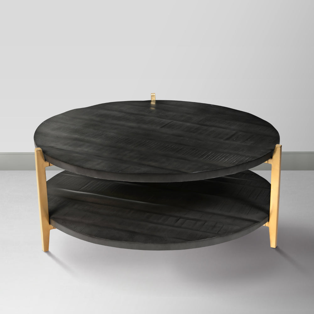 Tali 37 Inch Handcrafted Round Coffee Table, 2 Tier, Charcoal Gray Acacia Wood, Sleek Gold Metal Legs - UPT-272890